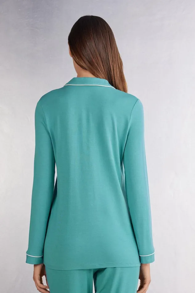 Intimissimi Long Pajamas Women LongSleeve Micromodal Pajama Top Blue 654j 8211 Lagoon Blue