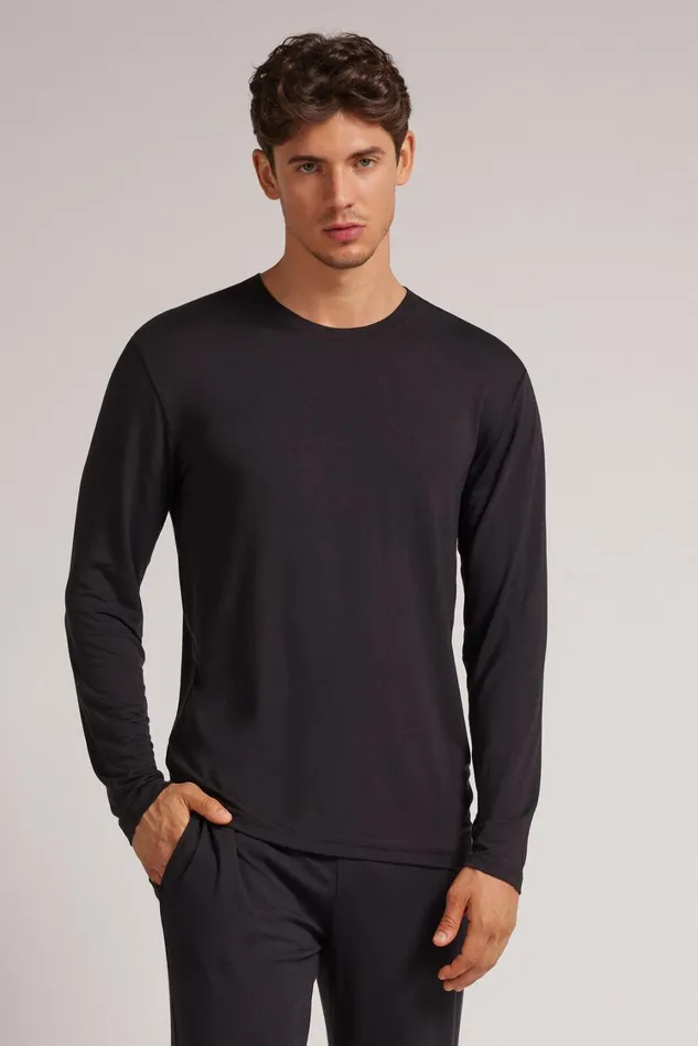 Intimissimi Long Sleeve Tops Men Soft Silk Long Sleeve Top Black 019 8211 Black