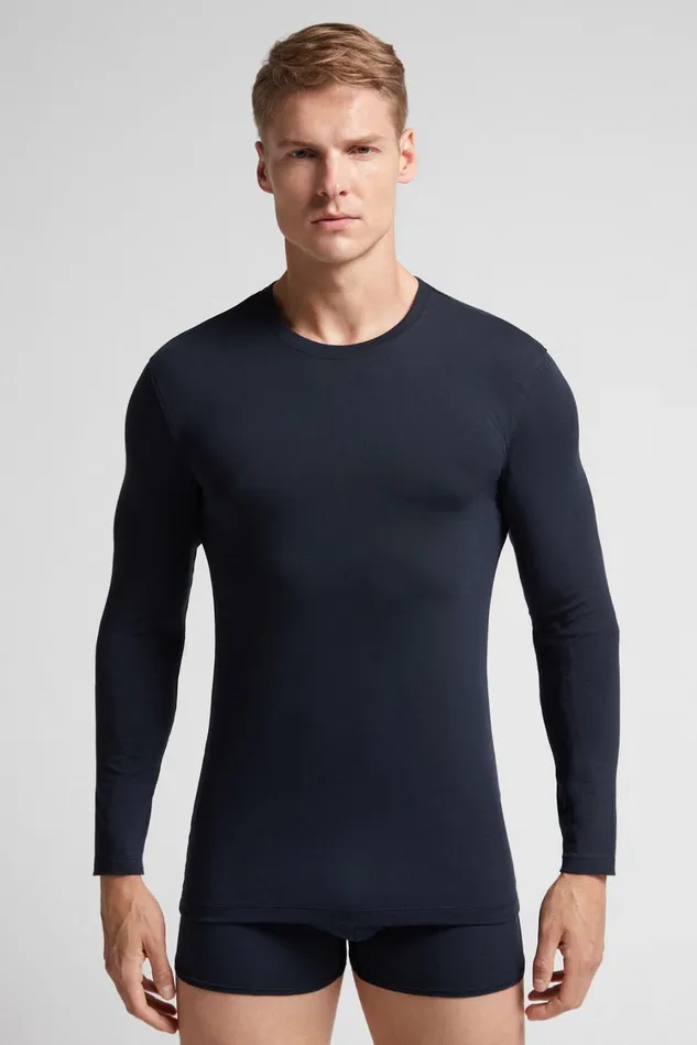 Intimissimi Long Sleeve Tops Men Stretch Superior Cotton Long Sleeve Top Blue 800 8211 Blu Notte