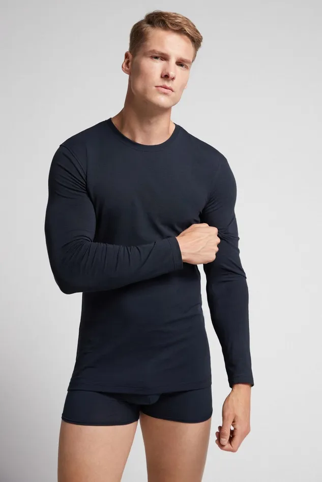 Intimissimi Long Sleeve Tops Men Stretch Superior Cotton Long Sleeve Top Blue 800 8211 Blu Notte