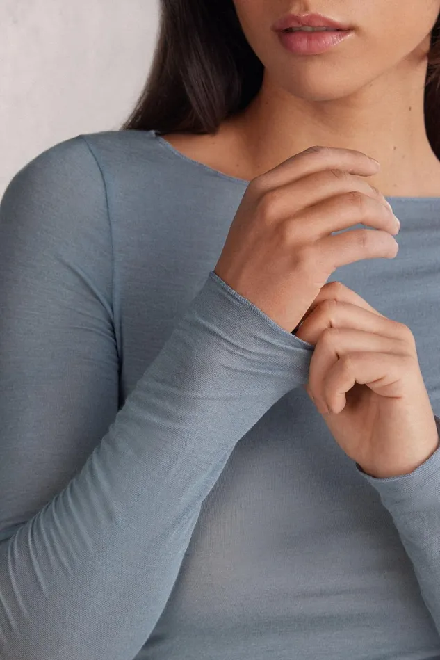 Intimissimi Long Sleeve Tops Women Boat Neck Modal Cashmere Ultralight Top Blue 850j 8211 Ash Blue