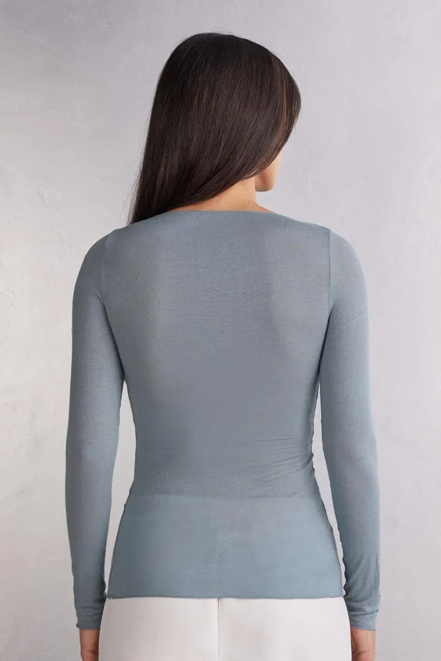 Intimissimi Long Sleeve Tops Women Boat Neck Modal Cashmere Ultralight Top Blue 850j 8211 Ash Blue