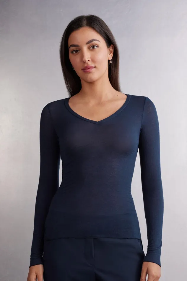 Intimissimi Long Sleeve Tops Women VNeck Top In Modal Ultralight With Cashmere 1467 8211 Intense Blue Intimissimi Long Sleeve Tops Women VNeck Top In Modal Ultralight With Cashmere 1467 8211 Intense Blue