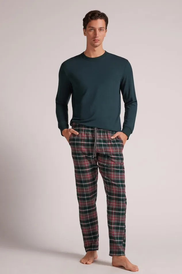Intimissimi Pants Men Grey Check Pants In Brushed Cotton Cloth Green 736j 8211 Check Grigio Melangeverde