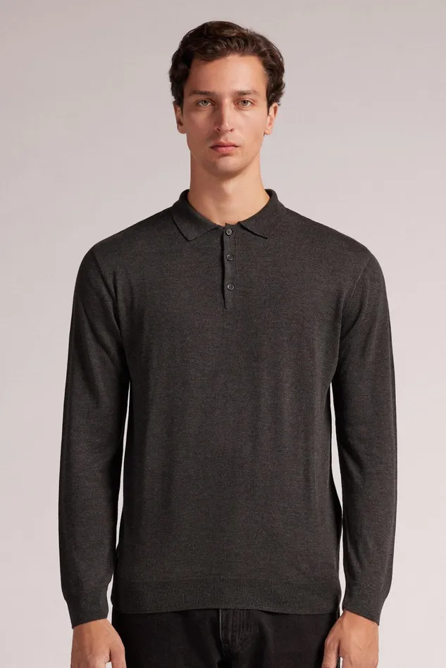 Intimissimi Sweatshirts Men Long Sleeve Knit Polo Grey 040 8211 Dark Grey Blend Intimissimi Sweatshirts Men Long Sleeve Knit Polo Grey 040 8211 Dark Grey Blend