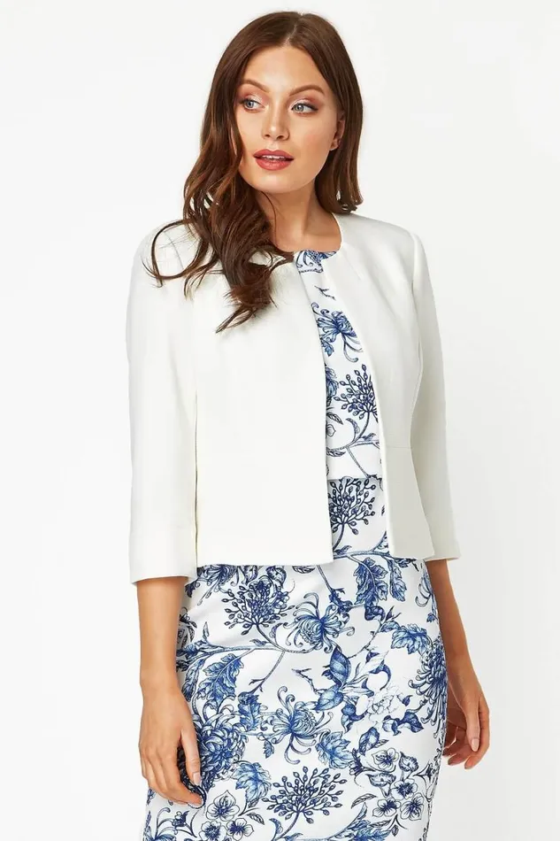 Ivory 34 Sleeve Tailored Jacquard Jacket Women Roman Jackets
