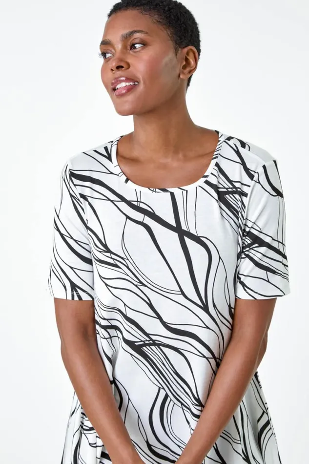 Ivory Abstract Hanky Hem Stretch Tunic Top Women Roman Tops