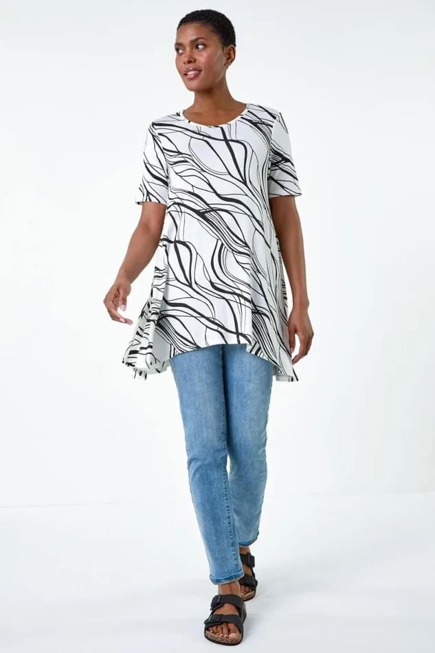 Ivory Abstract Hanky Hem Stretch Tunic Top Women Roman Tops