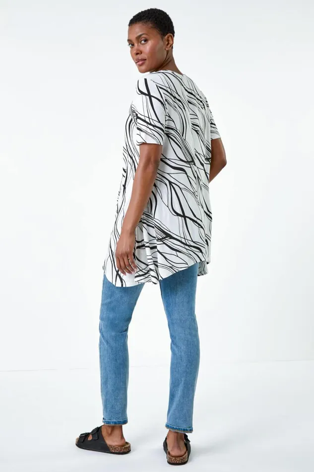 Ivory Abstract Hanky Hem Stretch Tunic Top Women Roman Tops