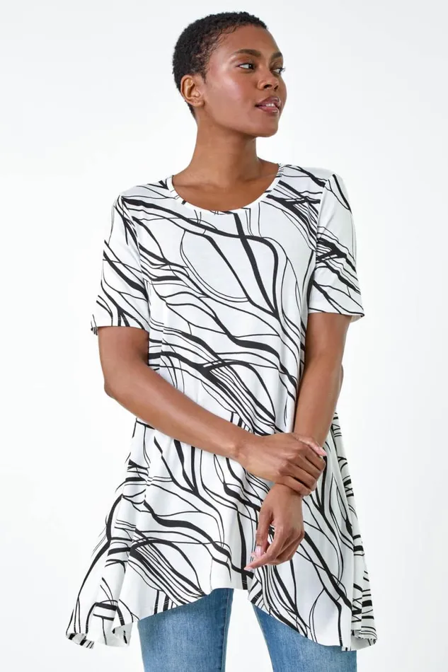 Ivory Abstract Hanky Hem Stretch Tunic Top Women Roman Tops