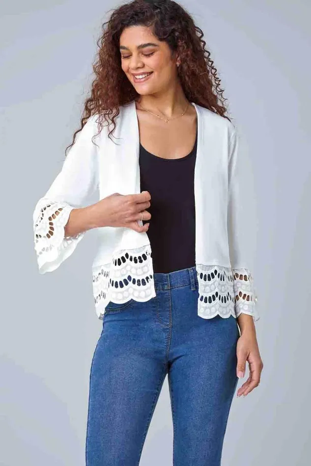Ivory Broderie Lace Trim Knit Shrug Women Roman Jackets