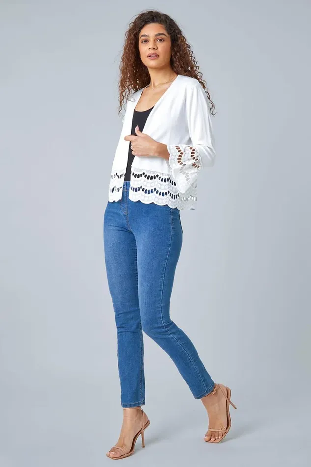 Ivory Broderie Lace Trim Knit Shrug Women Roman Jackets
