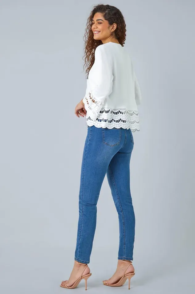 Ivory Broderie Lace Trim Knit Shrug Women Roman Jackets