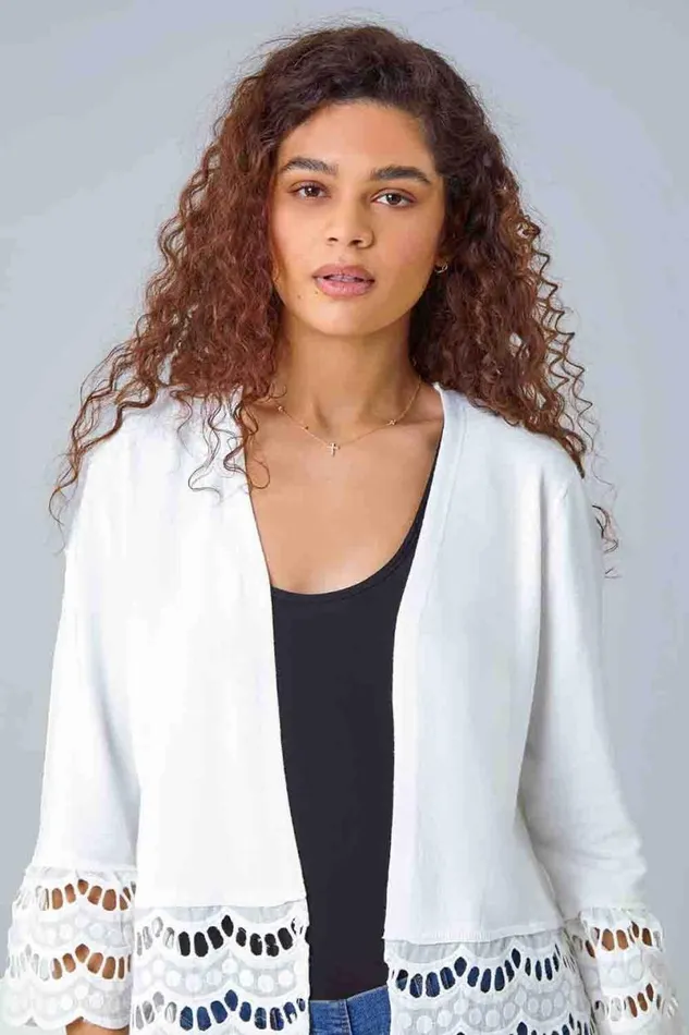 Ivory Broderie Lace Trim Knit Shrug Women Roman Jackets