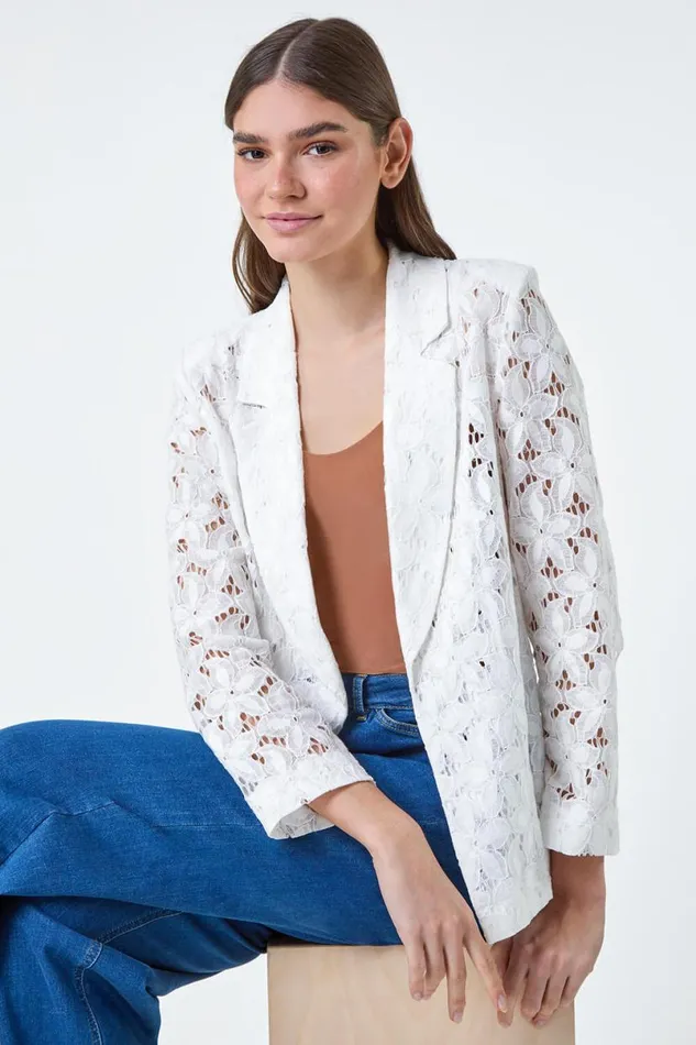 Ivory Cotton Blend Floral Lace Jacket Women Roman Occasionwear