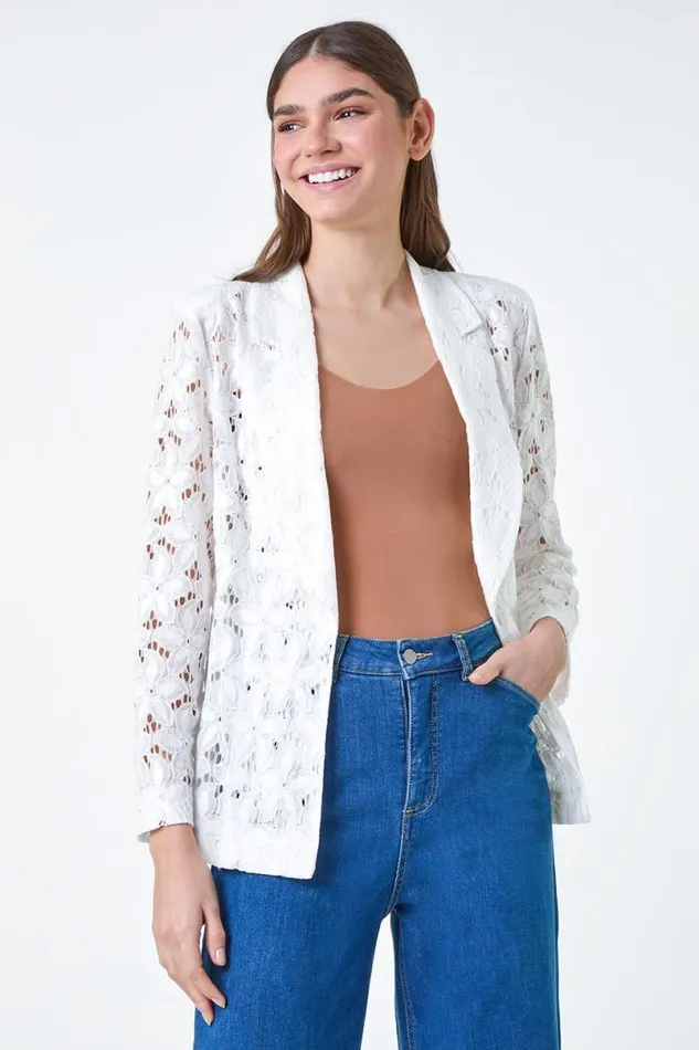 Ivory Cotton Blend Floral Lace Jacket Women Roman Occasionwear