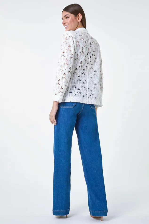 Ivory Cotton Blend Floral Lace Jacket Women Roman Occasionwear