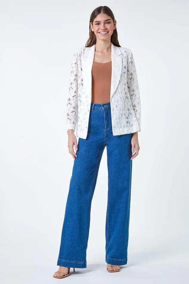 Ivory Cotton Blend Floral Lace Jacket Women Roman Occasionwear