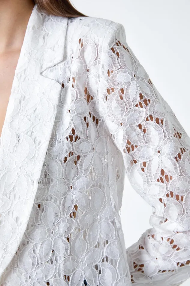 Ivory Cotton Blend Floral Lace Jacket Women Roman Occasionwear
