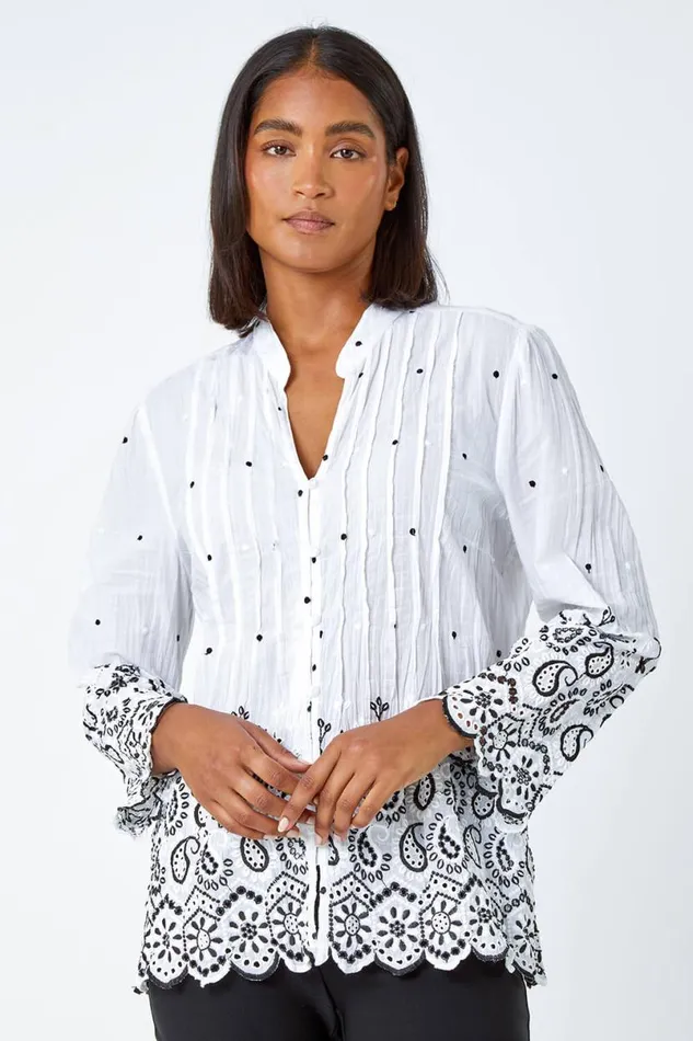 Ivory Cotton Paisley Embroidered VNeck Blouse Women Roman Tops