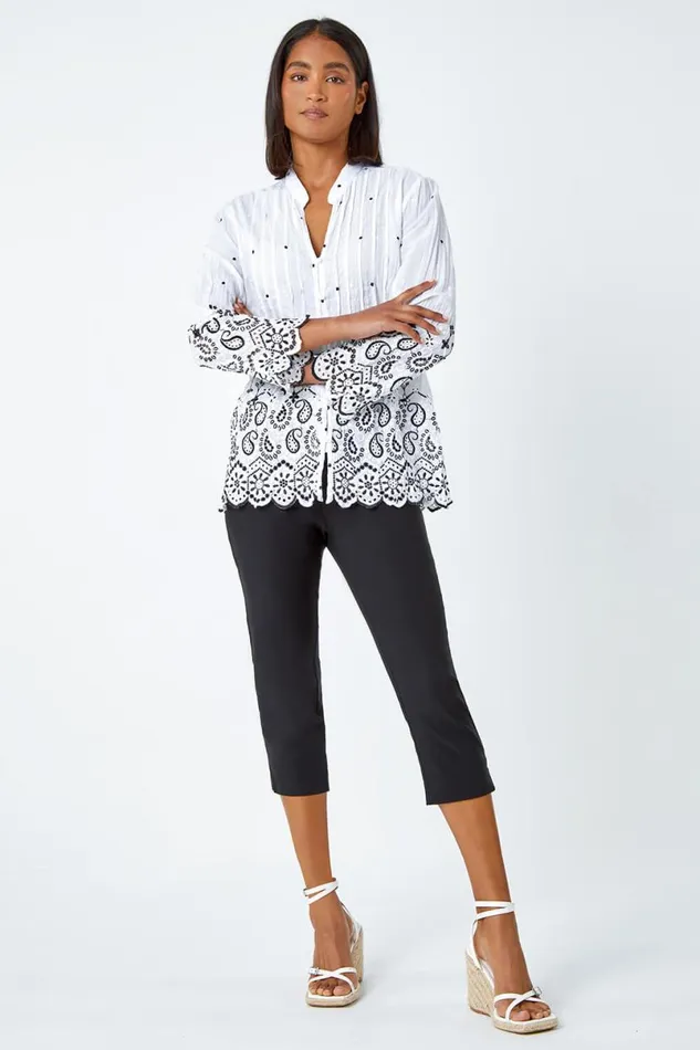 Ivory Cotton Paisley Embroidered VNeck Blouse Women Roman Tops