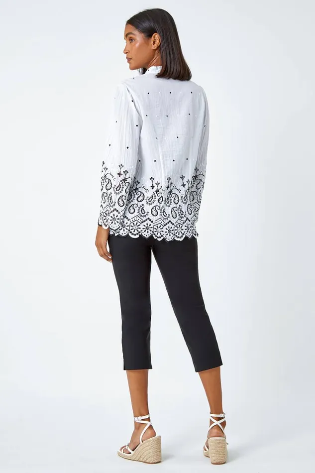 Ivory Cotton Paisley Embroidered VNeck Blouse Women Roman Tops