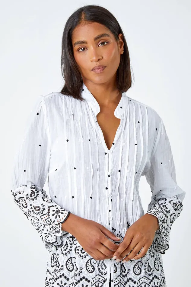 Ivory Cotton Paisley Embroidered VNeck Blouse Women Roman Tops