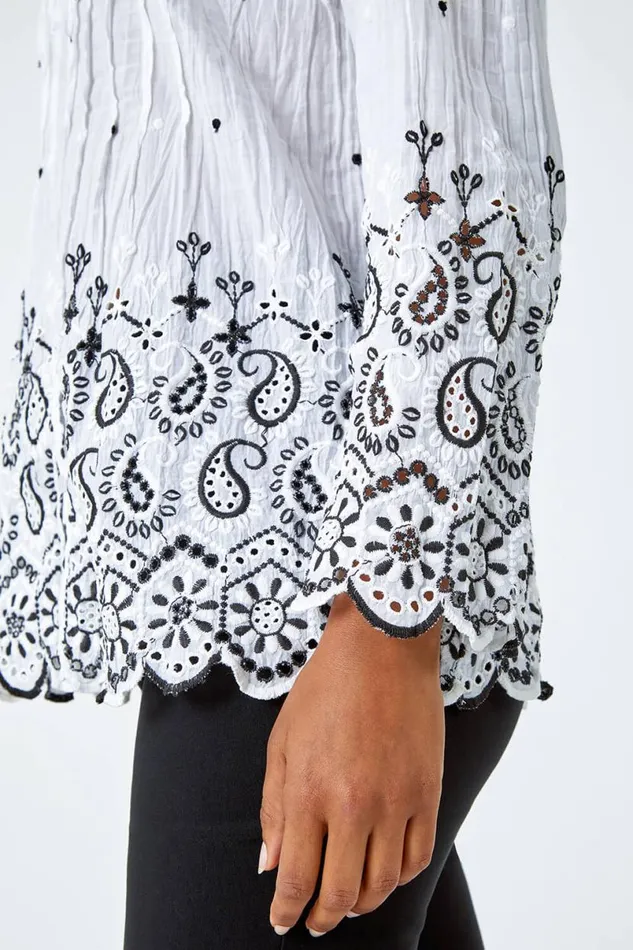 Ivory Cotton Paisley Embroidered VNeck Blouse Women Roman Tops