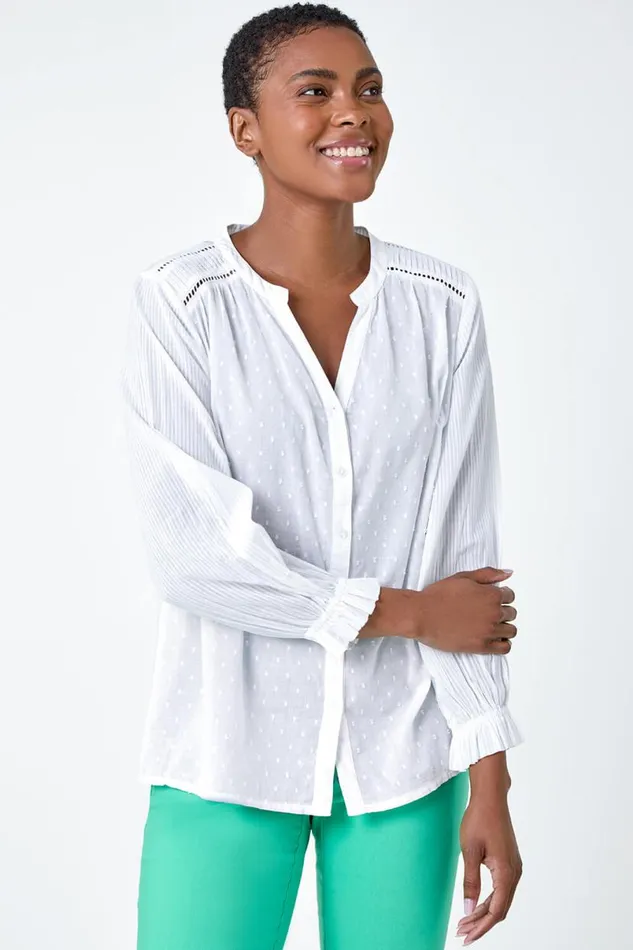 Ivory Cotton Textured Spot VNeck Blouse Women Roman Tops