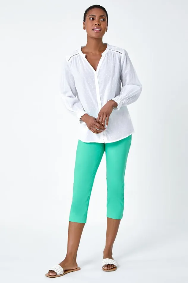 Ivory Cotton Textured Spot VNeck Blouse Women Roman Tops
