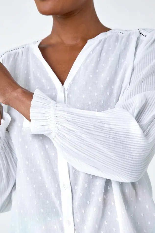 Ivory Cotton Textured Spot VNeck Blouse Women Roman Tops