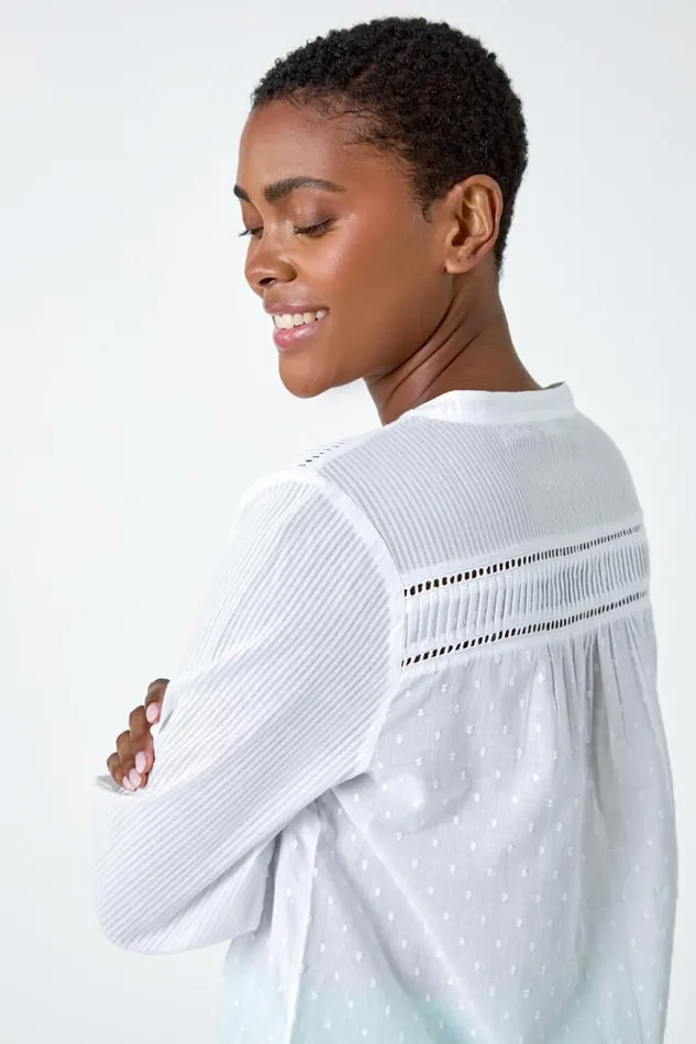 Ivory Cotton Textured Spot VNeck Blouse Women Roman Tops