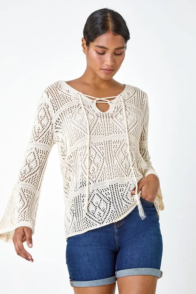 Ivory Crochet Tie Front VNeck Tunic Top Women Roman Tops