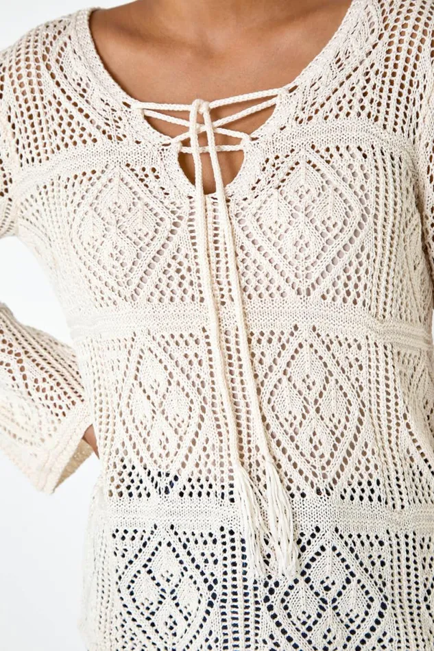 Ivory Crochet Tie Front VNeck Tunic Top Women Roman Tops