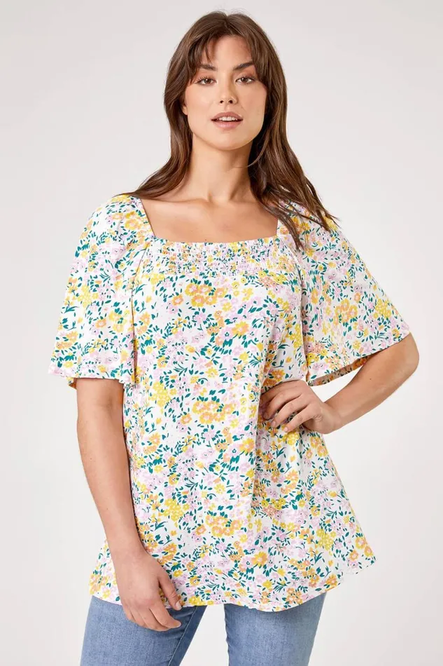 Ivory Curve Ditsy Floral Print Longline Top Women Roman Tops