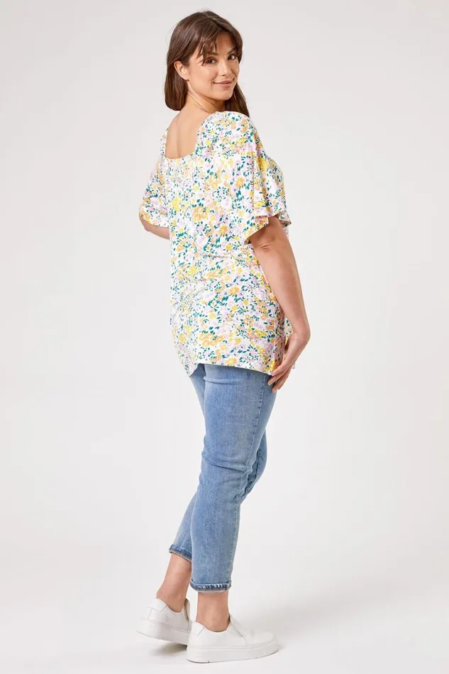 Ivory Curve Ditsy Floral Print Longline Top Women Roman Tops