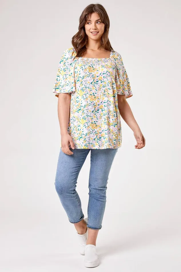 Ivory Curve Ditsy Floral Print Longline Top Women Roman Tops