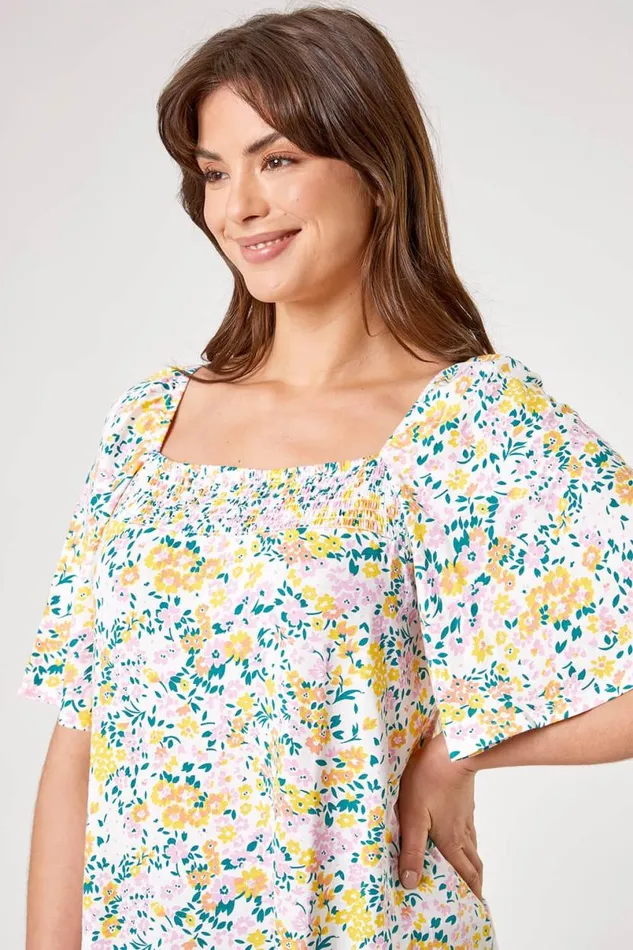 Ivory Curve Ditsy Floral Print Longline Top Women Roman Tops
