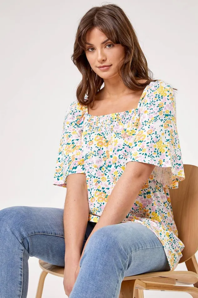 Ivory Curve Ditsy Floral Print Longline Top Women Roman Tops
