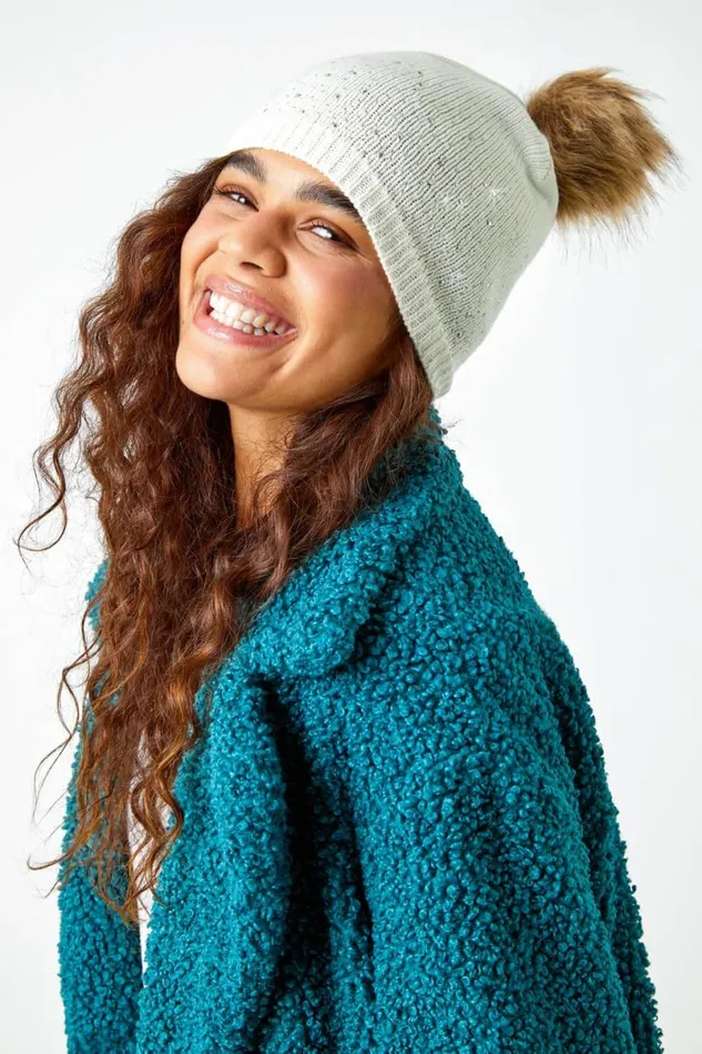 Ivory Diamante Pom Pom Beanie Hat Women Roman Hats