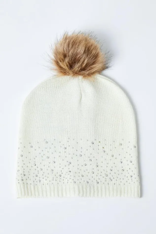 Ivory Diamante Pom Pom Beanie Hat Women Roman Hats