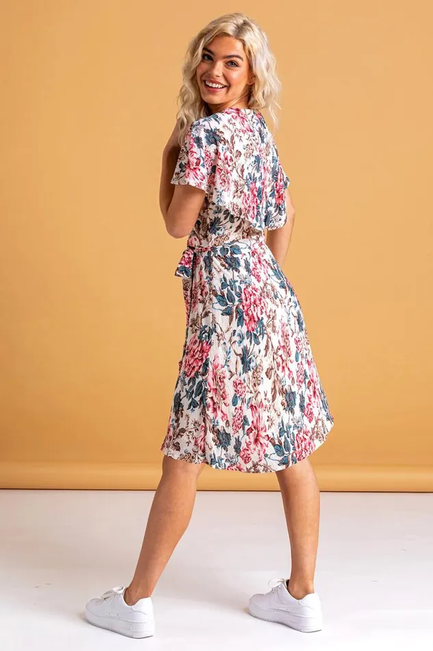 Ivory Floral Frill Sleeve Belted Dress Women Roman Dresses