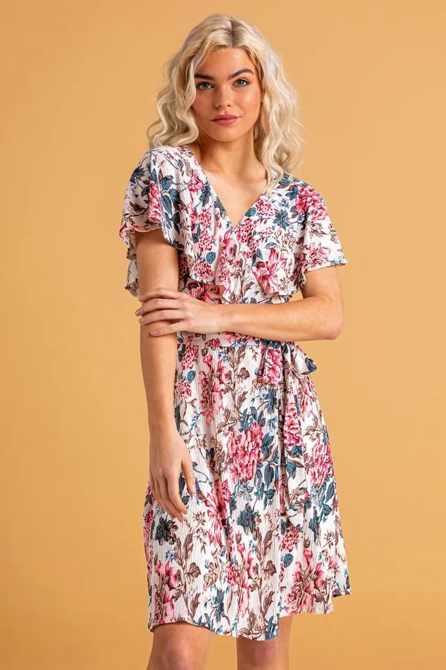 Ivory Floral Frill Sleeve Belted Dress Women Roman Dresses