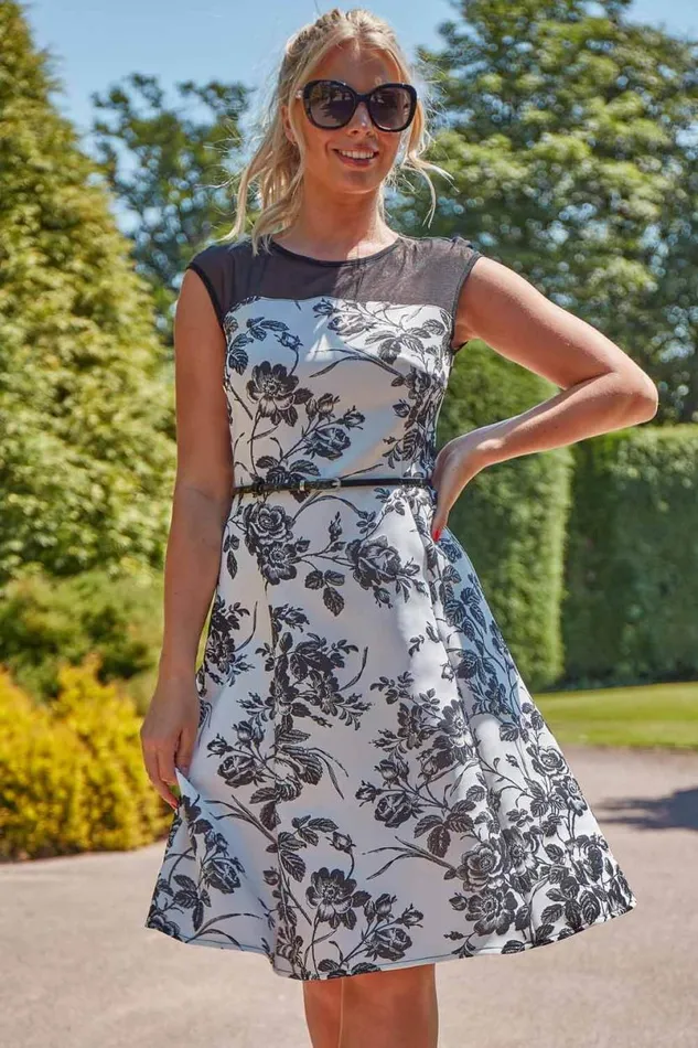 Ivory Floral Print Fit And Flare Dress Women Roman Dresses