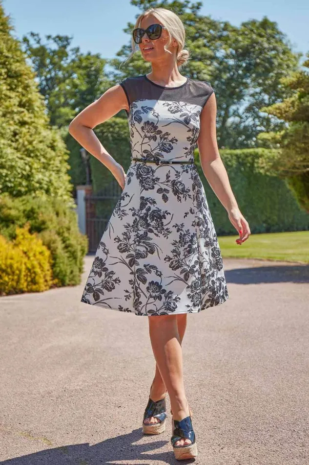 Ivory Floral Print Fit And Flare Dress Women Roman Dresses
