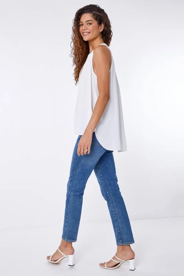 Ivory Plain Dipped Hem Chiffon Vest Top Women Roman Tops