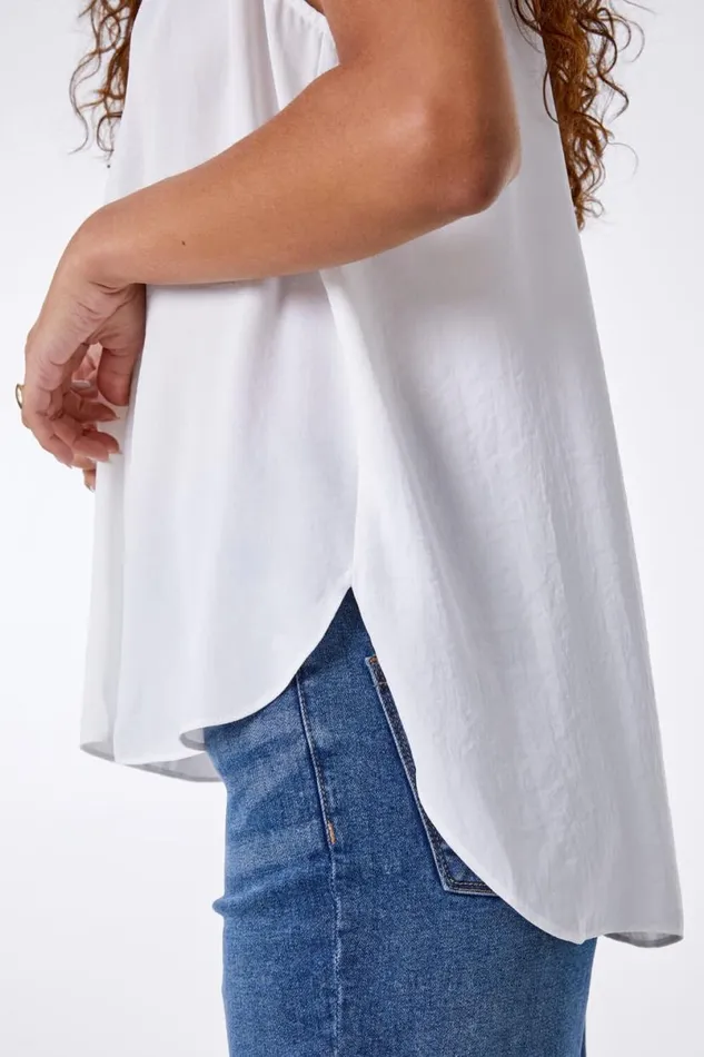 Ivory Plain Dipped Hem Chiffon Vest Top Women Roman Tops