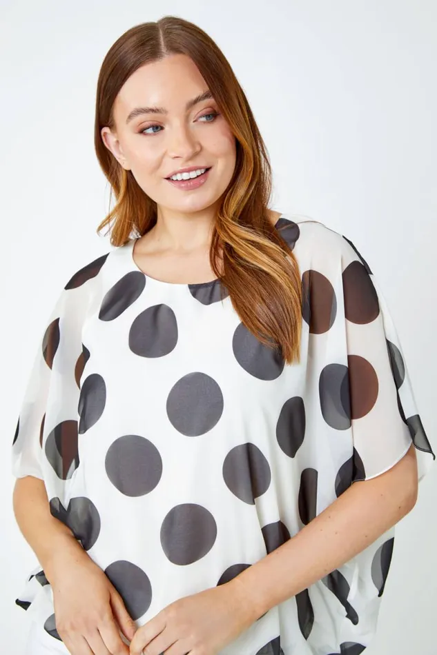 Ivory Polka Dot Bubblehem Chiffon Overlay Top Women Roman Tops