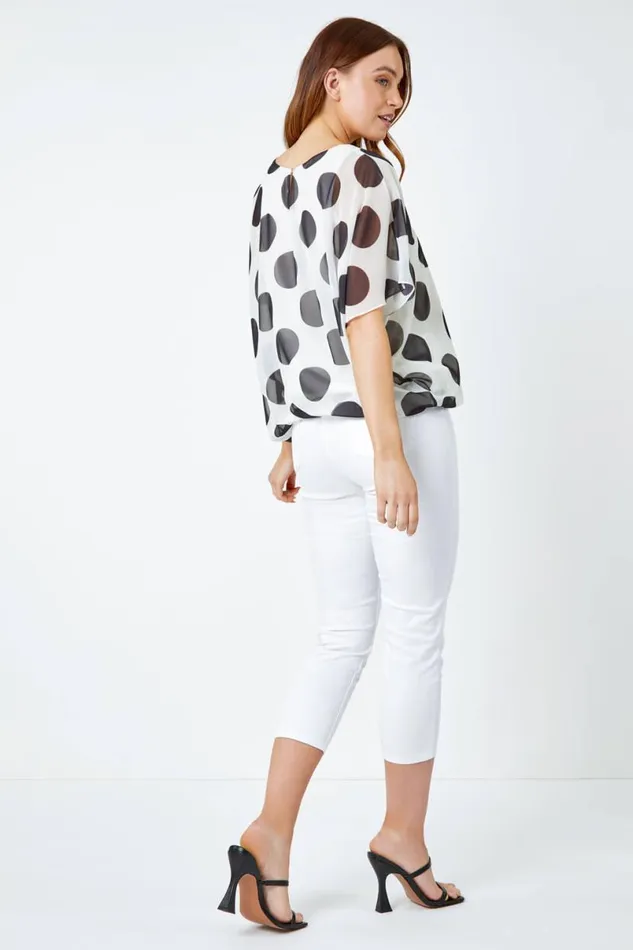 Ivory Polka Dot Bubblehem Chiffon Overlay Top Women Roman Tops
