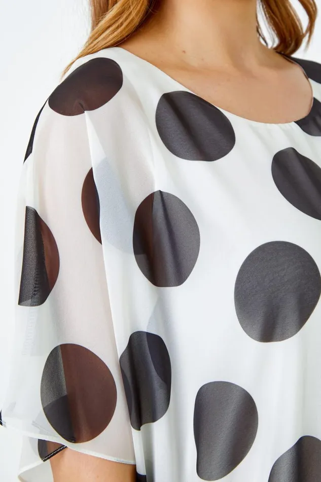 Ivory Polka Dot Bubblehem Chiffon Overlay Top Women Roman Tops
